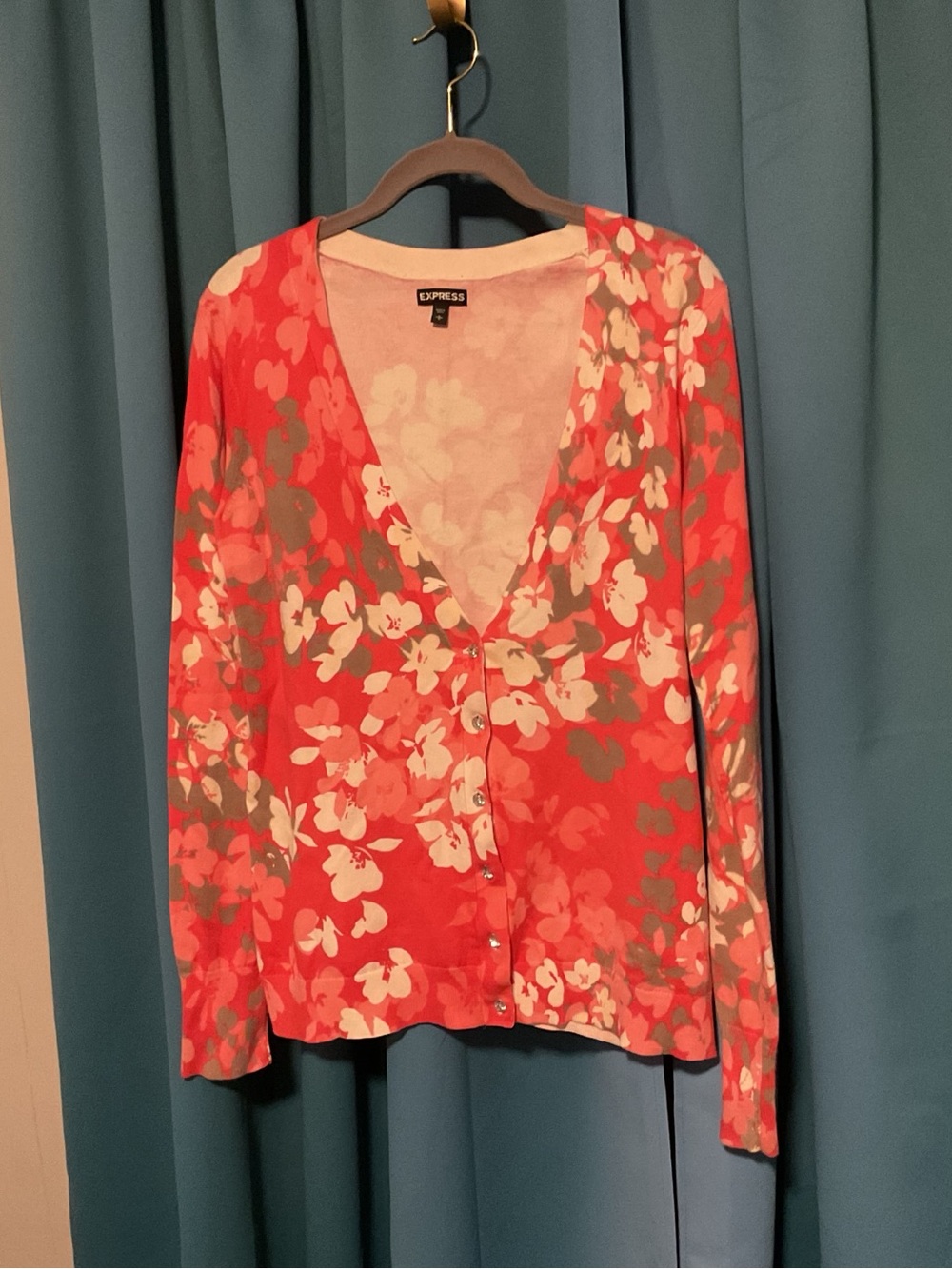 Express Coral Floral V-Neck Button Cardigan